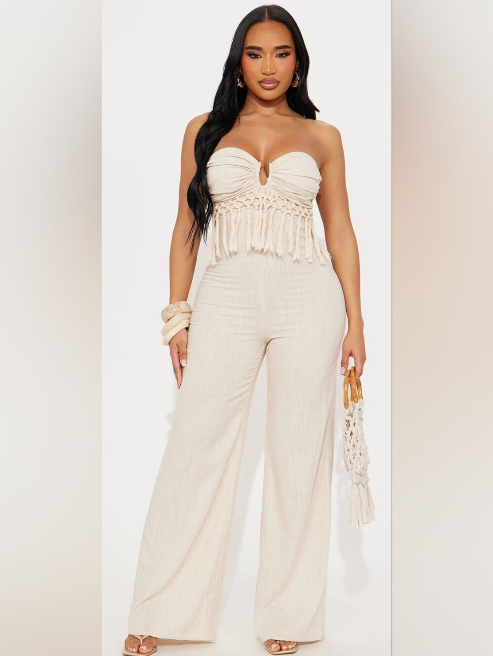 Strapless Fringe Wide-Leg Jumpsuit - Cream